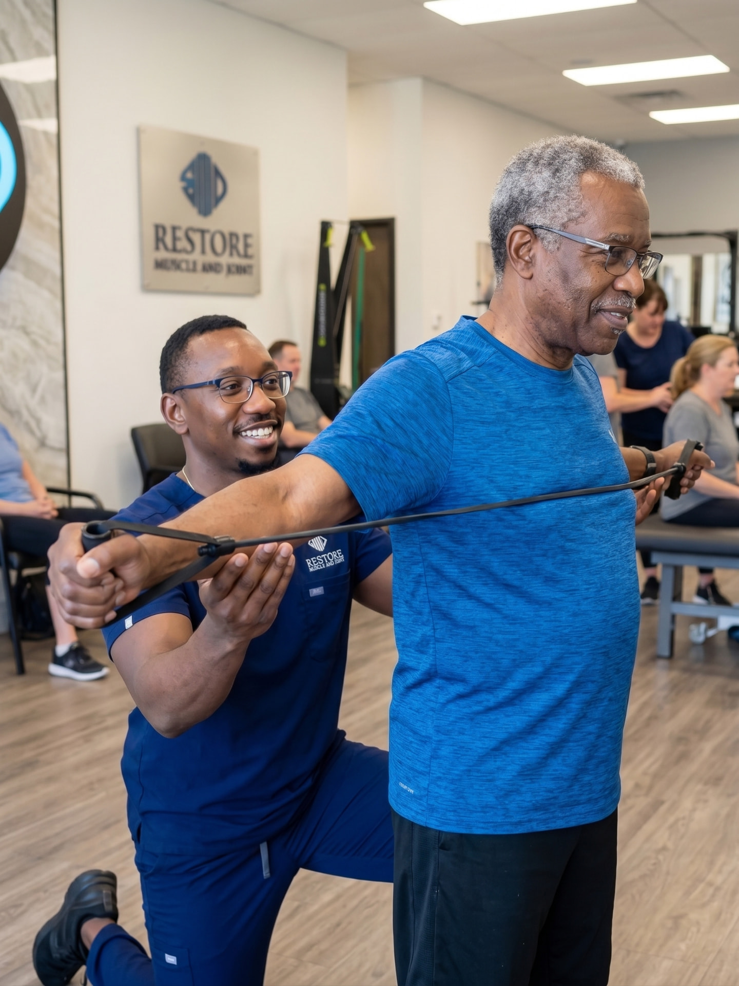 Physical therapist guiding resistance band shoulder rehabilitation in Kansas City