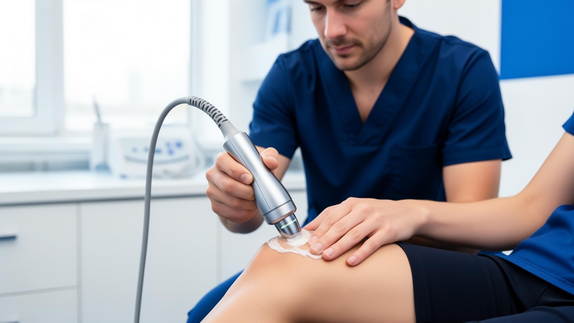 Licensed clinician administering SoftWave TRT shockwave therapy to a patient's knee at Restore Muscle and Joint in Kansas City